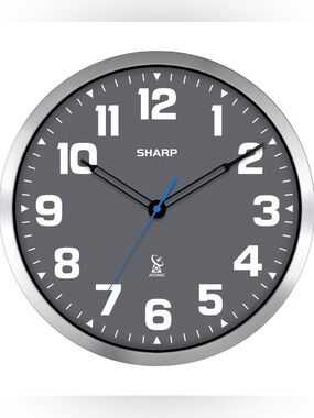 Sharp Atomic Analog Wall Clock - 12" Grey Face, Silver Brushed Finish new/sealed